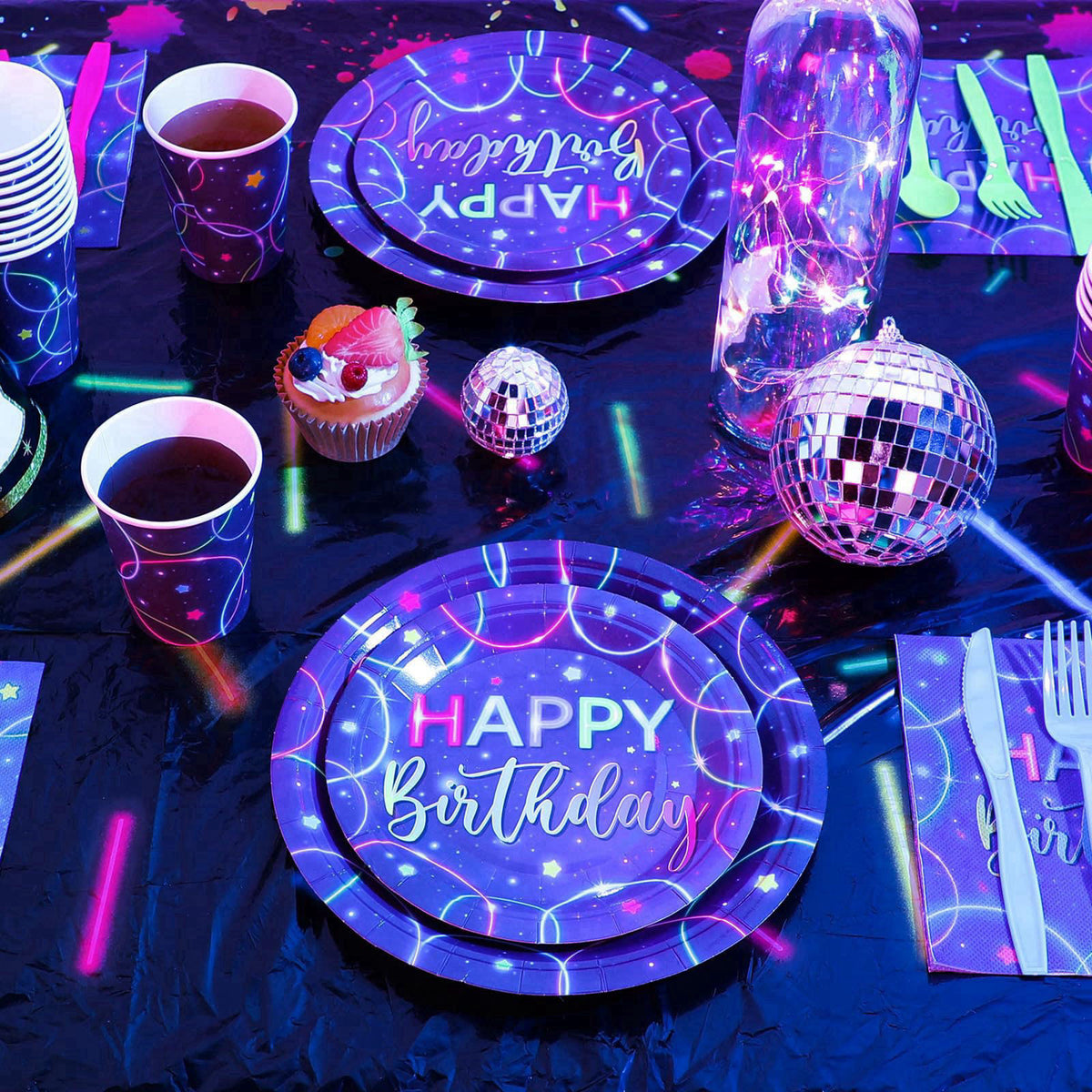 Meanplan 168 Pcs Neon Glow Birthday Party Tableware Set for 24 Guests – back view and specifications