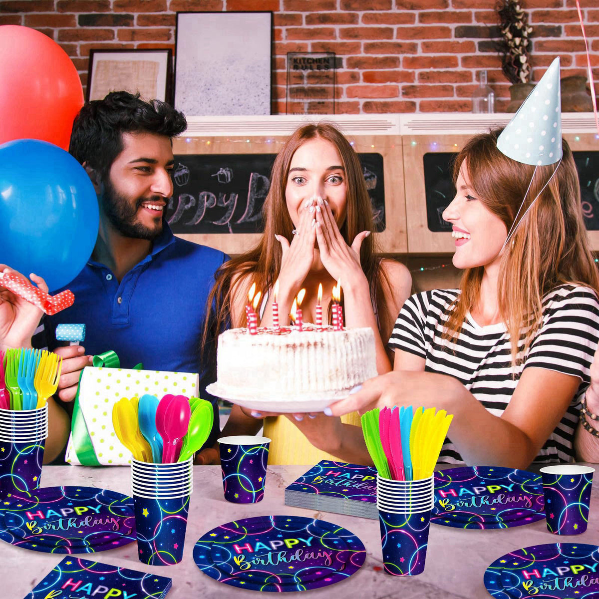 Meanplan 168 Pcs Neon Glow Birthday Party Tableware Set for 24 Guests – alternate angle