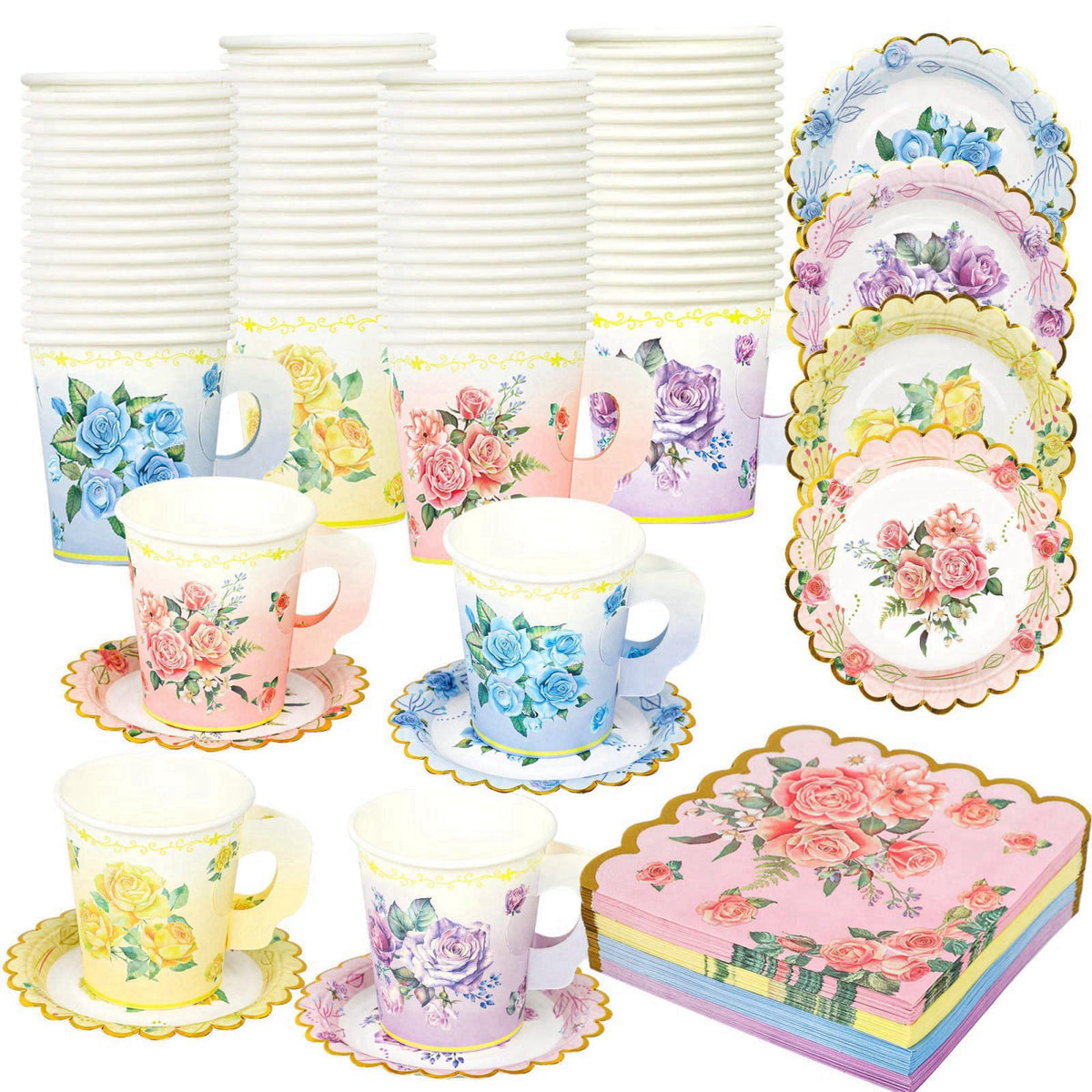 Fairooth 40 Set Floral Tea Cups and Saucers Disposable Tea Party Supplies Colorful Flower Teacups with Handle and Paper 