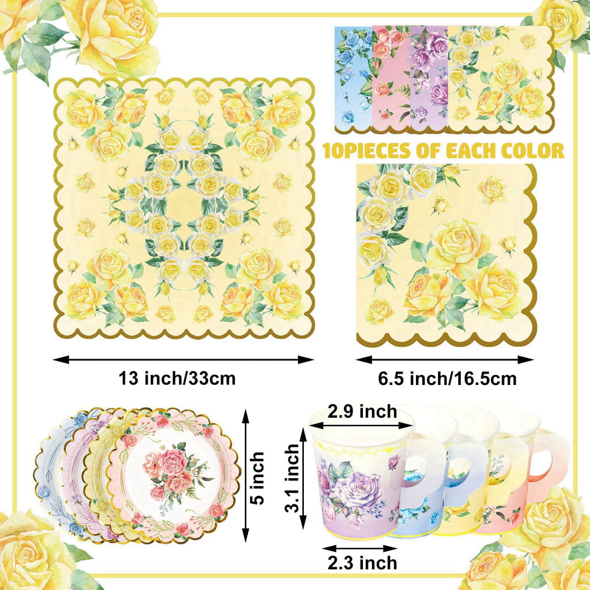 Fairooth 40 Set Floral Tea Cups and Saucers Disposable Tea Party Supplies Colorful Flower Teacups with Handle and Paper 