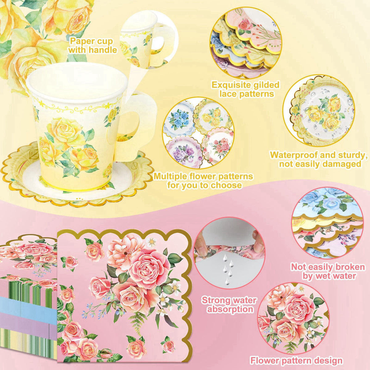 Fairooth 40 Set Floral Tea Cups and Saucers Disposable Tea Party Supplies Colorful Flower Teacups with Handle and Paper 