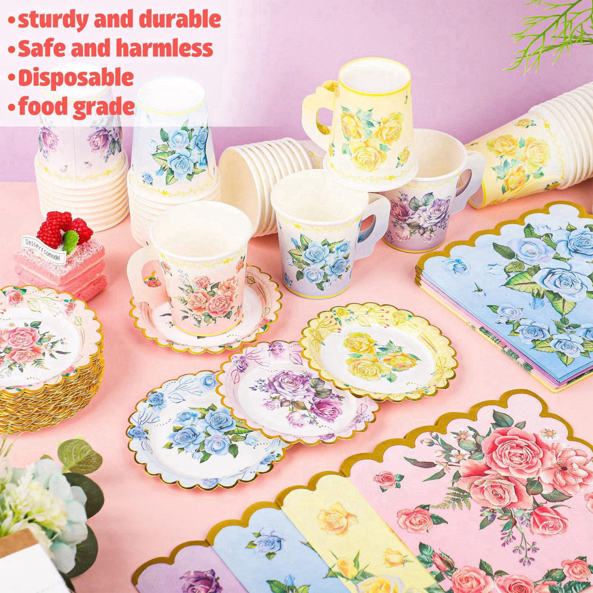 Fairooth 40 Set Floral Tea Cups and Saucers Disposable Tea Party Supplies Colorful Flower Teacups with Handle and Paper 