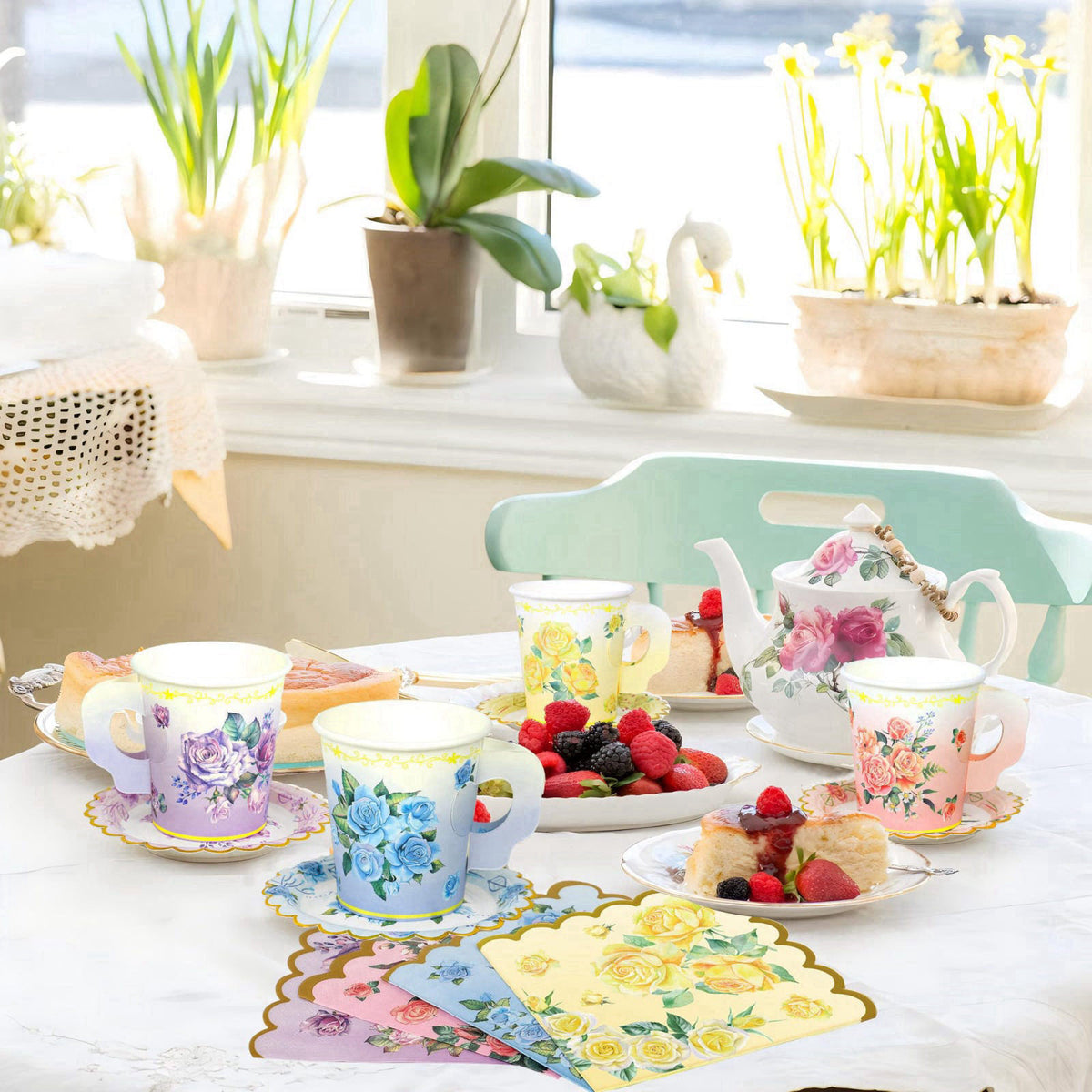 Fairooth 40 Set Floral Tea Cups and Saucers Disposable Tea Party Supplies Colorful Flower Teacups with Handle and Paper 
