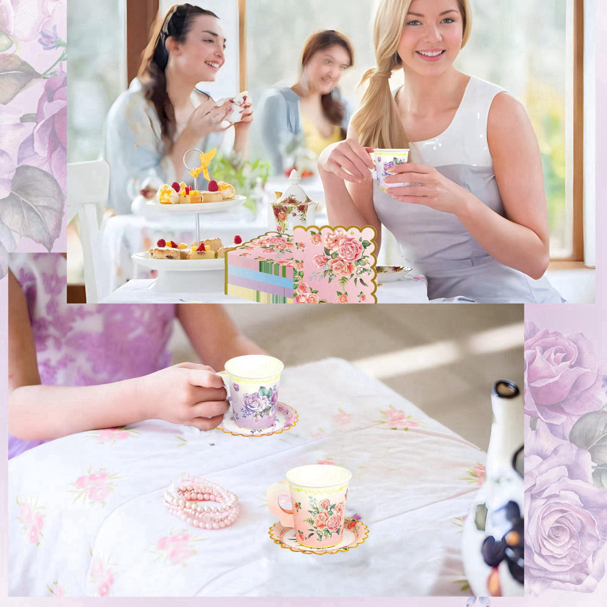 Fairooth 40 Set Floral Tea Cups and Saucers Disposable Tea Party Supplies Colorful Flower Teacups with Handle and Paper 