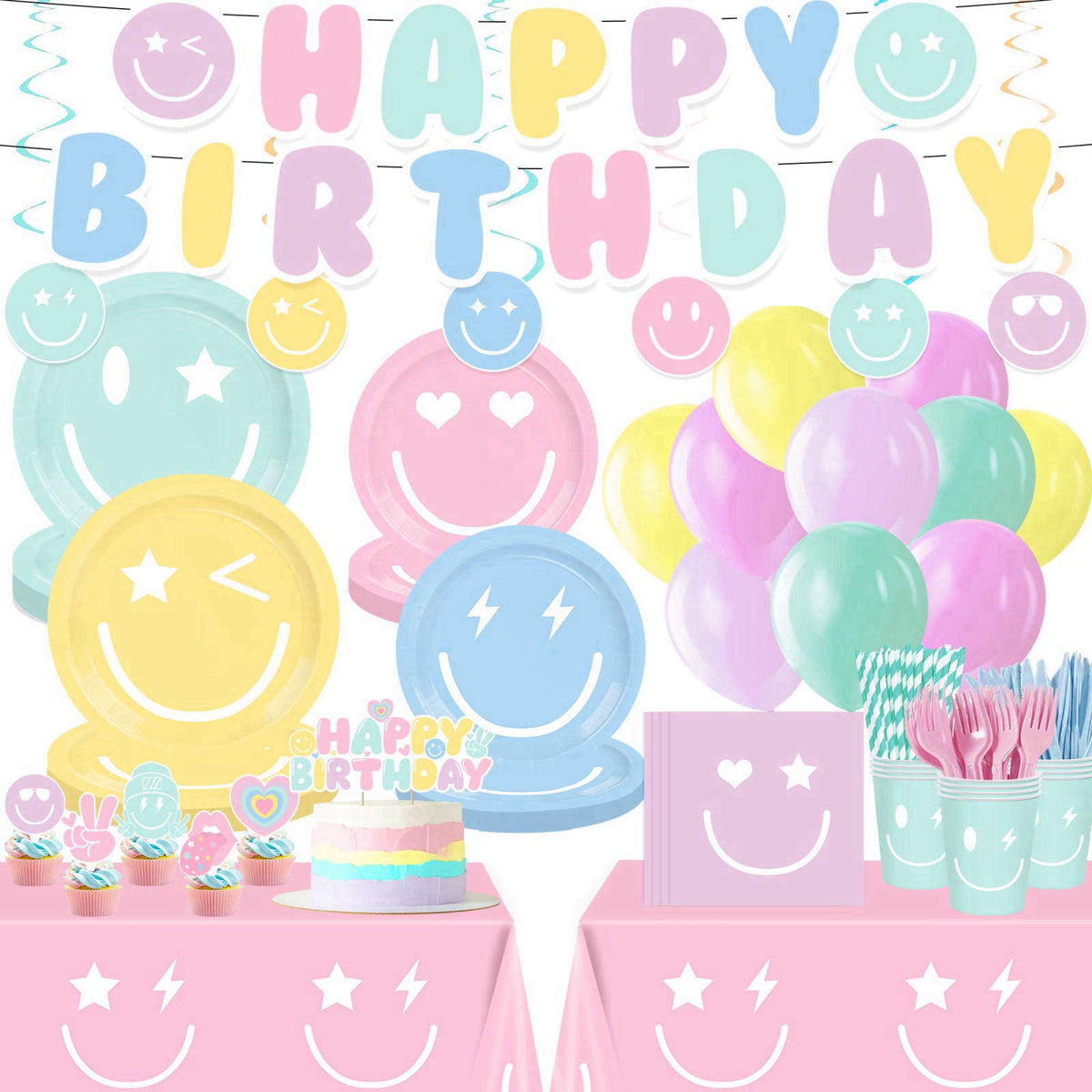 HUIYANFSY 199PCS Smiley Face Birthday Decorations Smile Pastel Themed Preppy Theme Plates and Napkins Set,Balloon, Banne