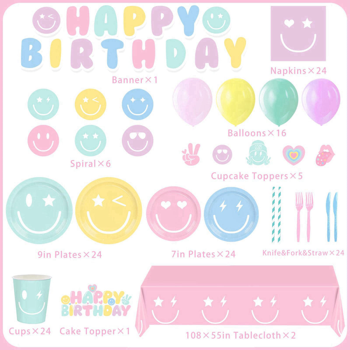 HUIYANFSY 199PCS Smiley Face Birthday Decorations Smile Pastel Themed Preppy Theme Plates and Napkins Set,Balloon, Banne
