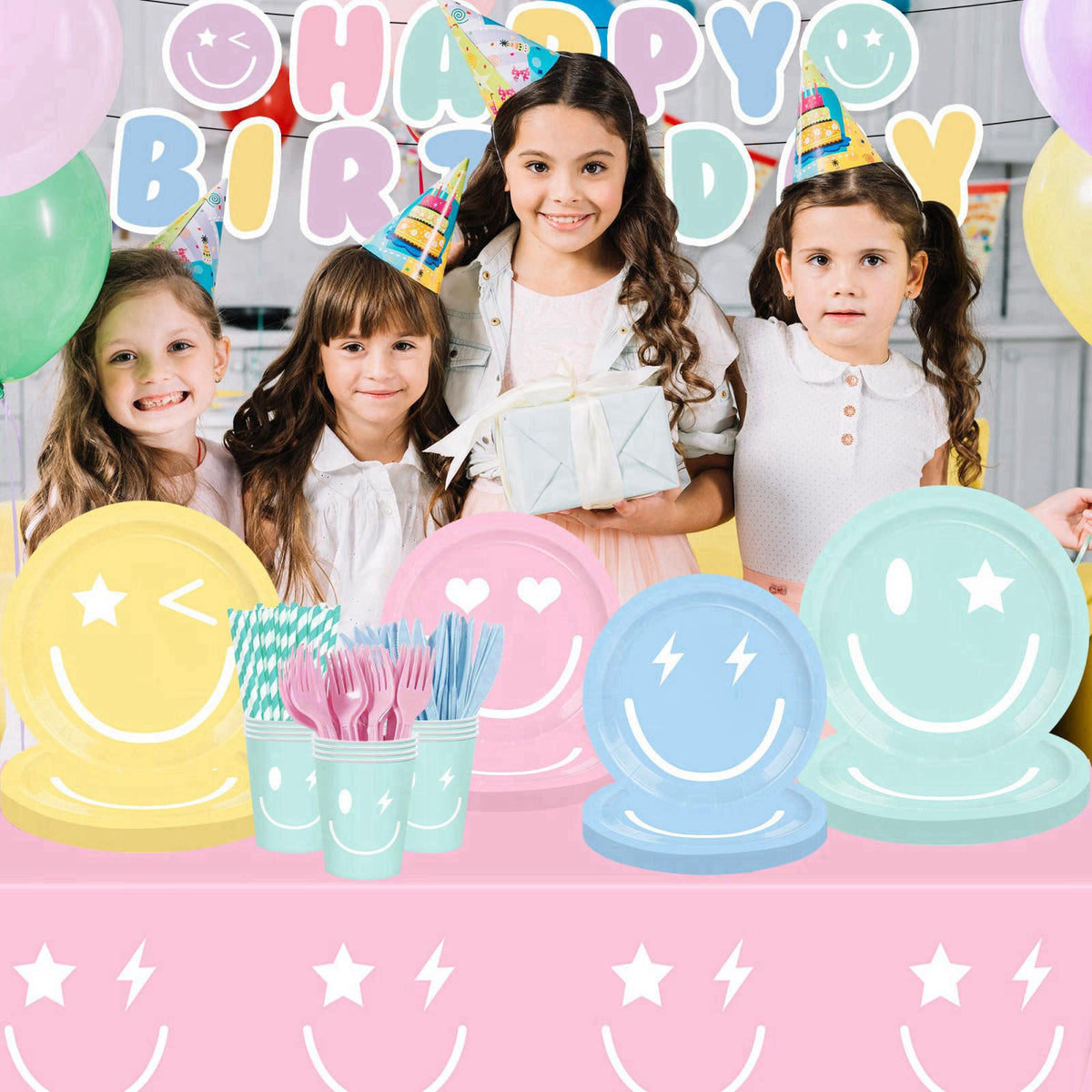 HUIYANFSY 199PCS Smiley Face Birthday Decorations Smile Pastel Themed Preppy Theme Plates and Napkins Set,Balloon, Banne