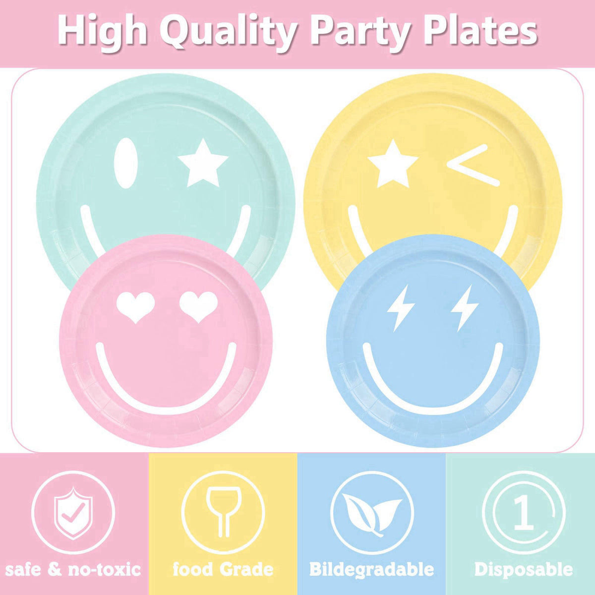 HUIYANFSY 199PCS Smiley Face Birthday Decorations Smile Pastel Themed Preppy Theme Plates and Napkins Set,Balloon, Banne
