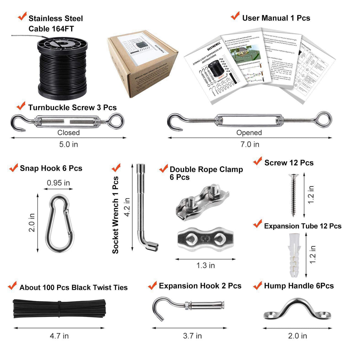 BESTNEWLL Outdoor String Light Hanging Kit Includ 164 FT Nylon Rope Cable – full view