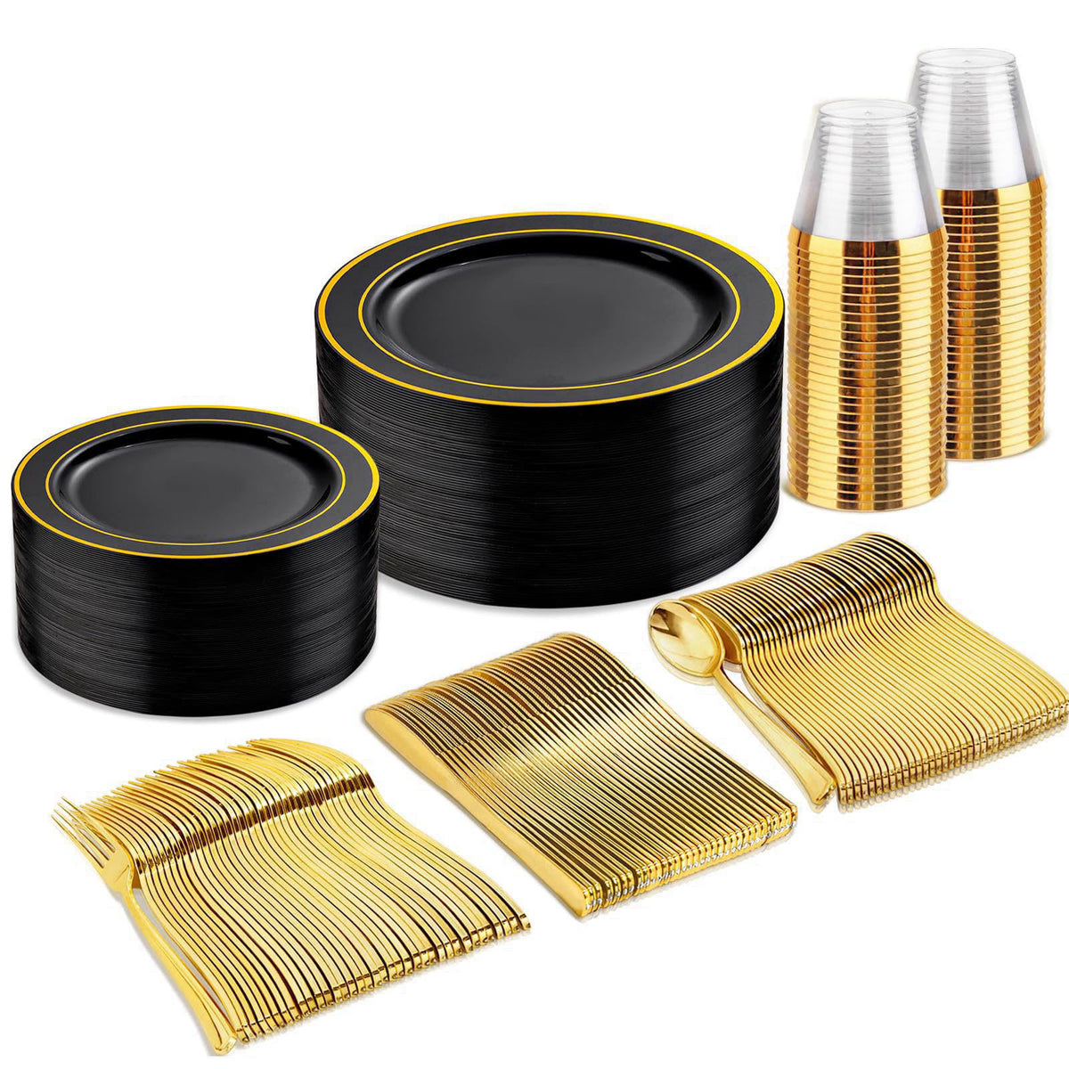 bUCLA 150 Pieces Black and Gold Disposable Dinnerware Set - 25 Guests Black Gold Plastic Plates Include 25 Dinner & 25 D
