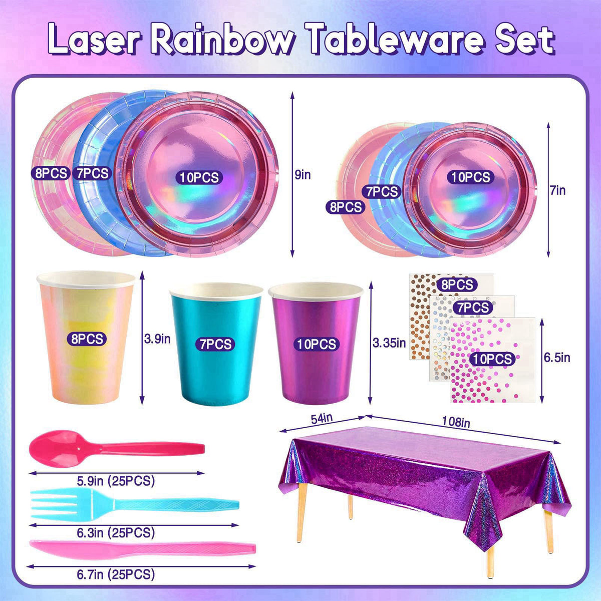 XIEJ 176 Pcs Iridescent Plates and Napkins Party Supplies for 25 Guests – close-up detail