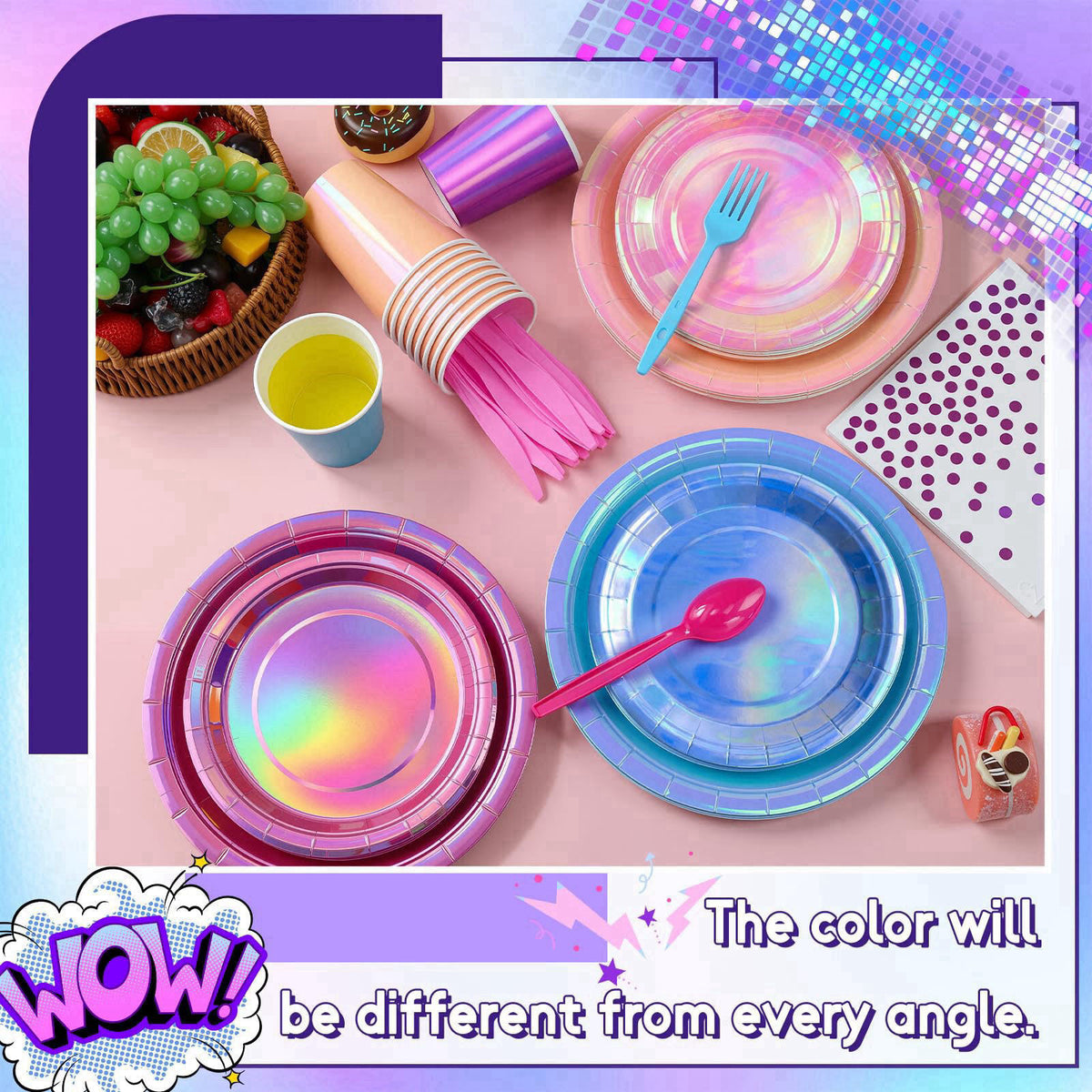 XIEJ 176 Pcs Iridescent Plates and Napkins Party Supplies for 25 Guests – packaging and label