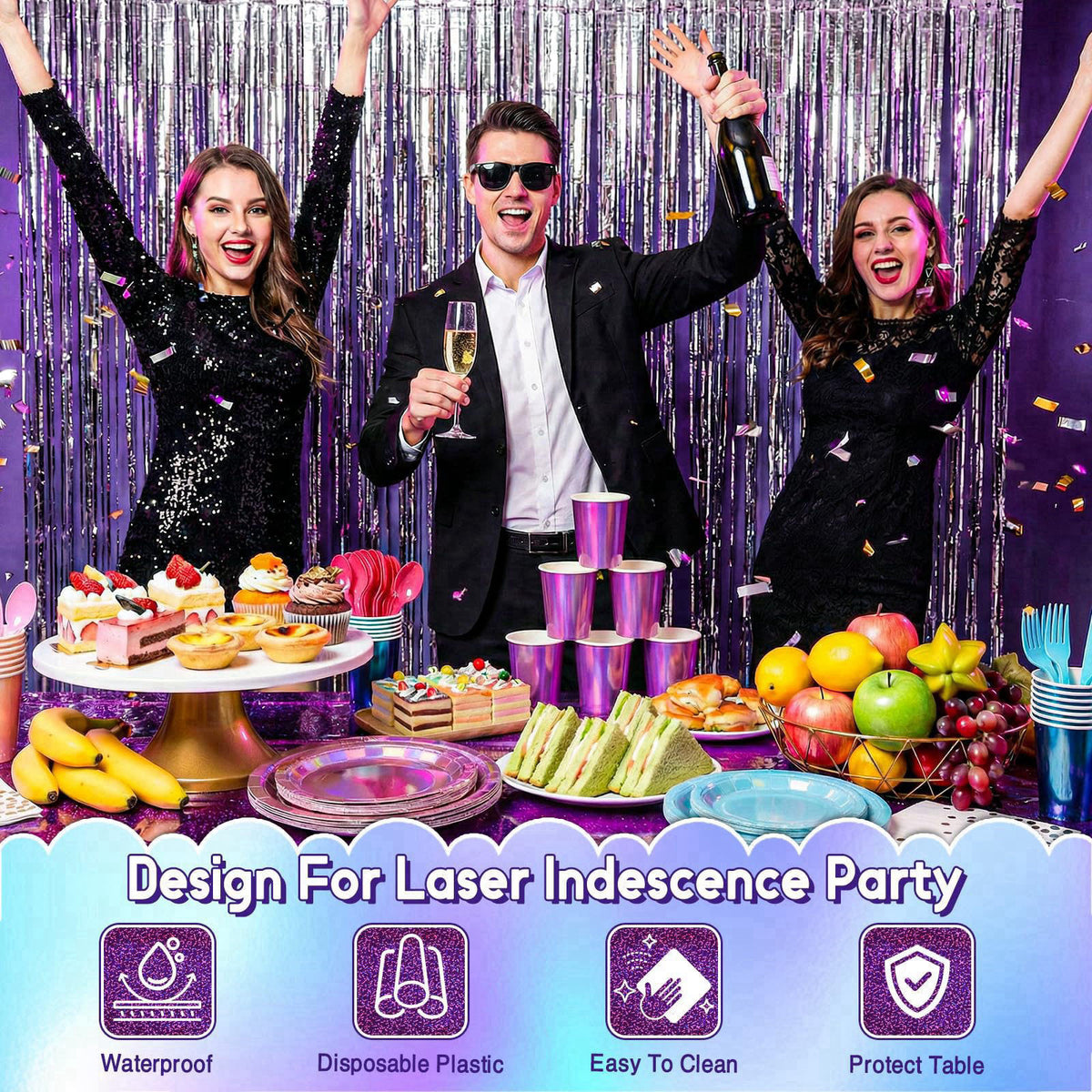 XIEJ 176 Pcs Iridescent Plates and Napkins Party Supplies for 25 Guests – full view