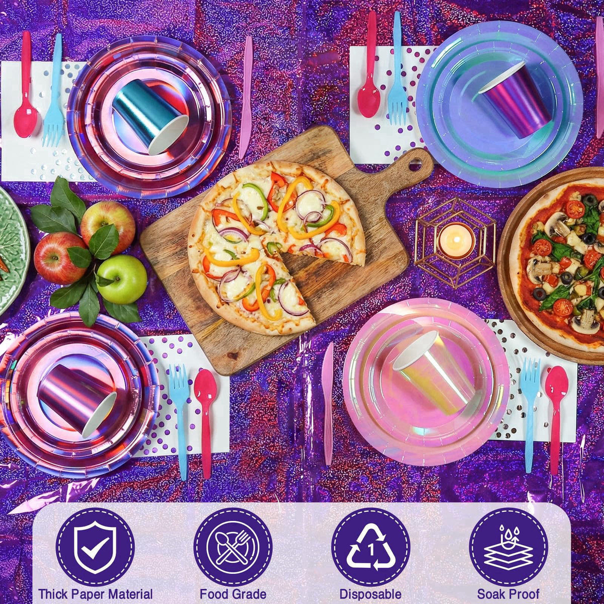 XIEJ 176 Pcs Iridescent Plates and Napkins Party Supplies for 25 Guests – back view and specifications