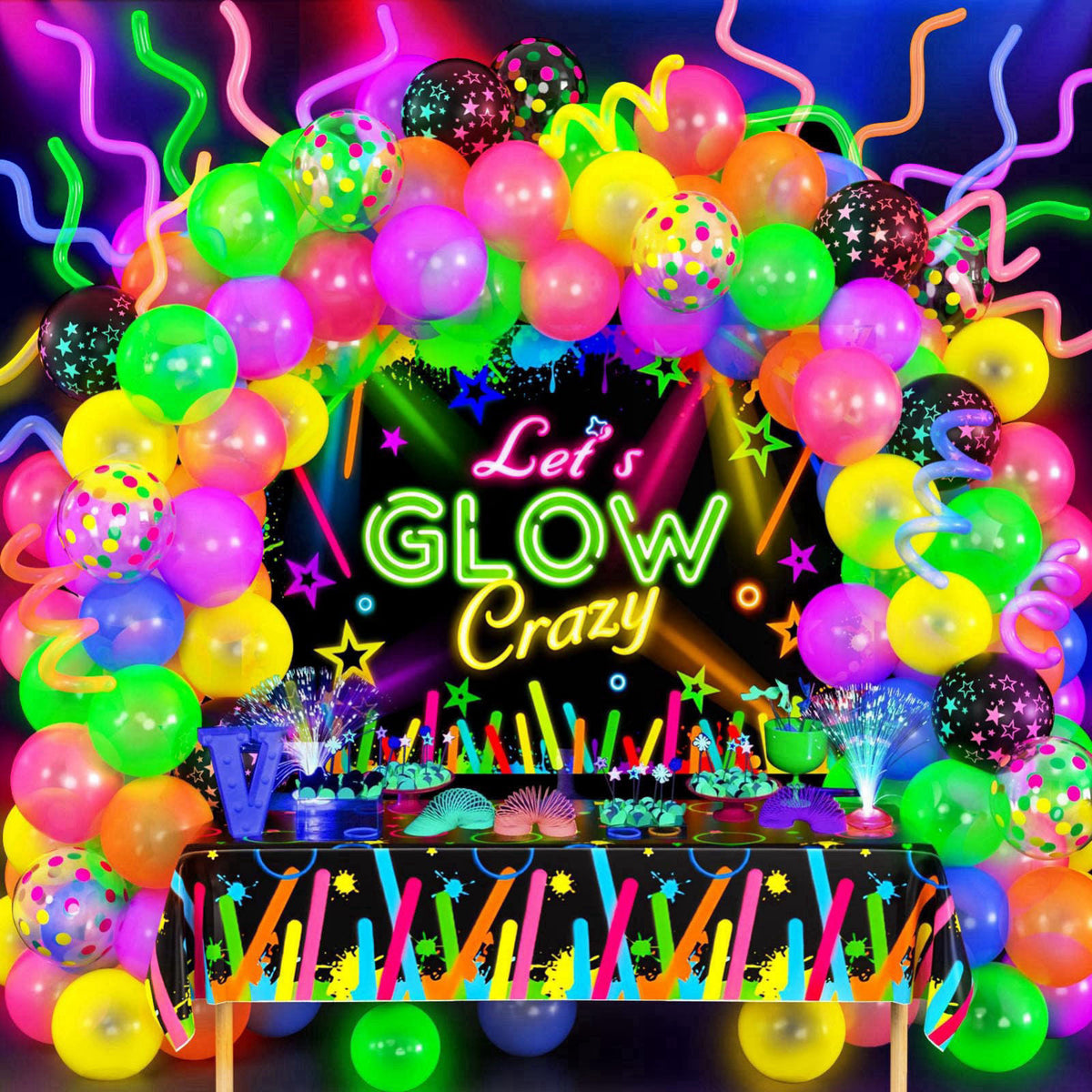 SNLN 161Pcs Neon Party Decorations Glow in the Dark Birthday Supplies Neon Balloon Arch Kit & Backdrop Tablecloth UV Bla