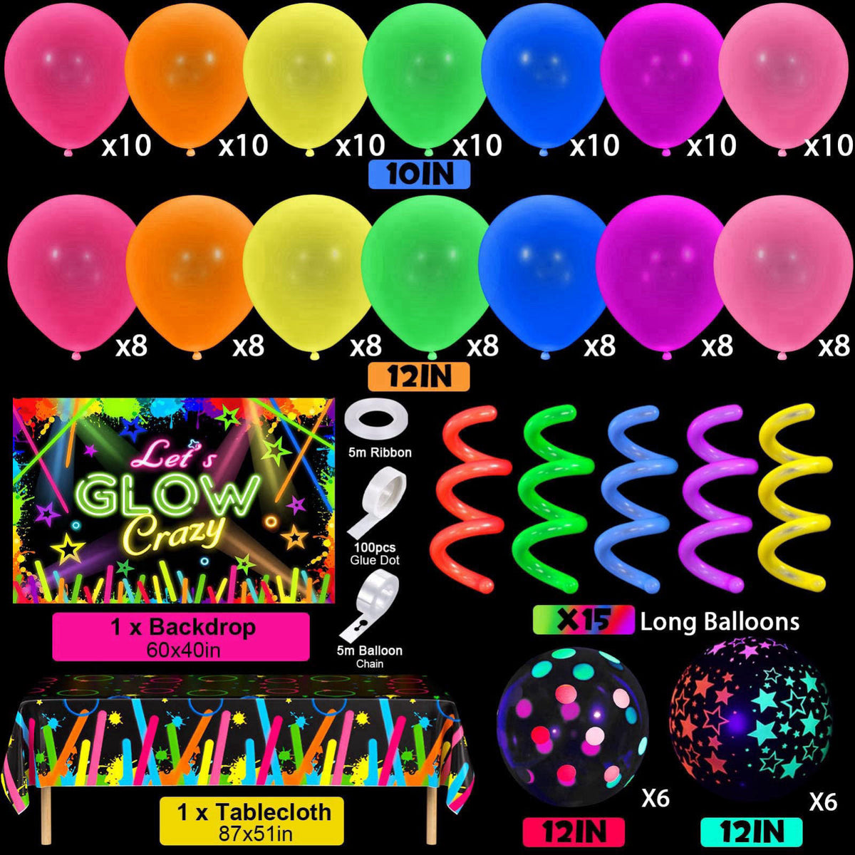 SNLN 161Pcs Neon Party Decorations Glow in the Dark Birthday Supplies Neon Balloon Arch Kit & Backdrop Tablecloth UV Bla