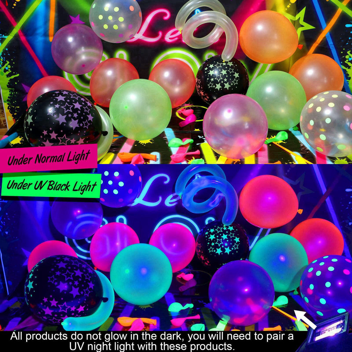 SNLN 161Pcs Neon Party Decorations Glow in the Dark Birthday Supplies Neon Balloon Arch Kit & Backdrop Tablecloth UV Bla
