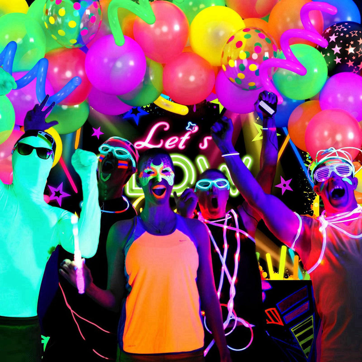 SNLN 161Pcs Neon Party Decorations Glow in the Dark Birthday Supplies Neon Balloon Arch Kit & Backdrop Tablecloth UV Bla
