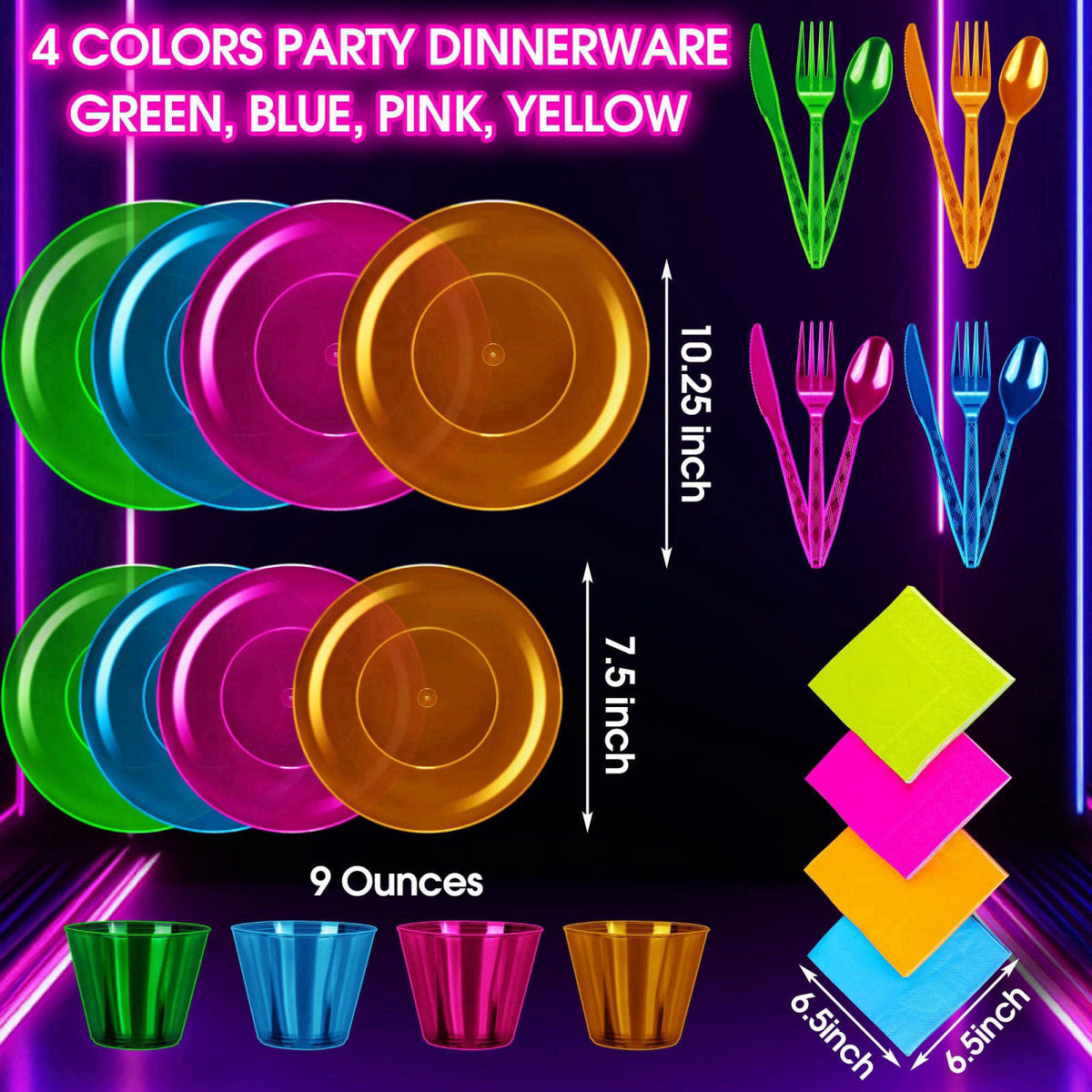 Kochorie 16 Set Neon Party Supplies, Glow Party Disposable Tableware Set – close-up detail in Neon Color
