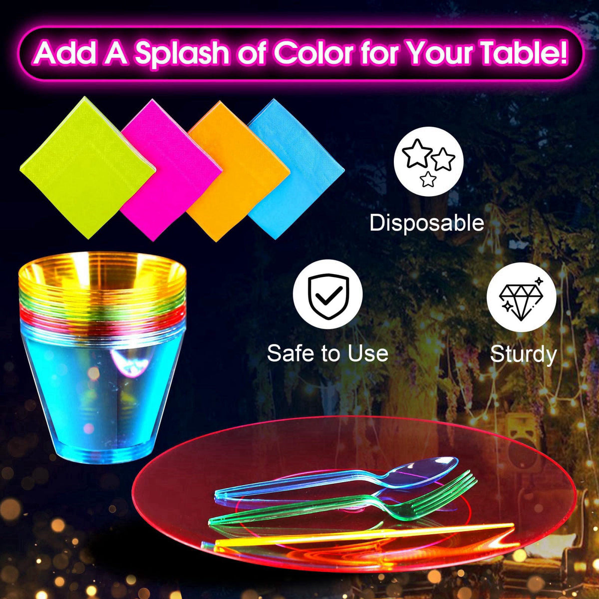 Kochorie 16 Set Neon Party Supplies, Glow Party Disposable Tableware Set – packaging and label