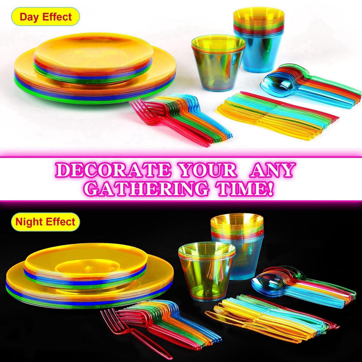Kochorie 16 Set Neon Party Supplies, Glow Party Disposable Tableware Set – full view, size 7 & 9 Inch 7 & 9 Inch 7 & 9 I