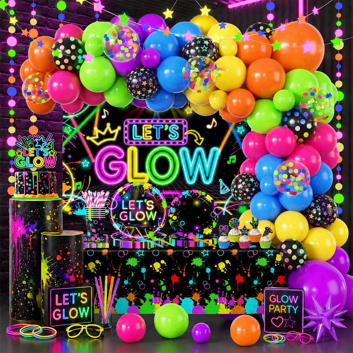 Pymurod Glow Party Supplies, 243pcs Neon Glow Party Decorations for Birthday – Neon Party, Paper, latex Paper, latex Pap