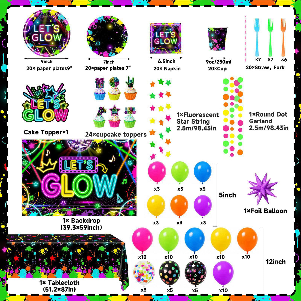 Pymurod Glow Party Supplies, 243pcs Neon Glow Party Decorations for Birthday – full view