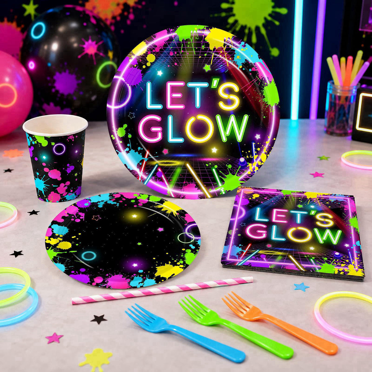 Pymurod Glow Party Supplies, 243pcs Neon Glow Party Decorations for Birthday – back view and specifications
