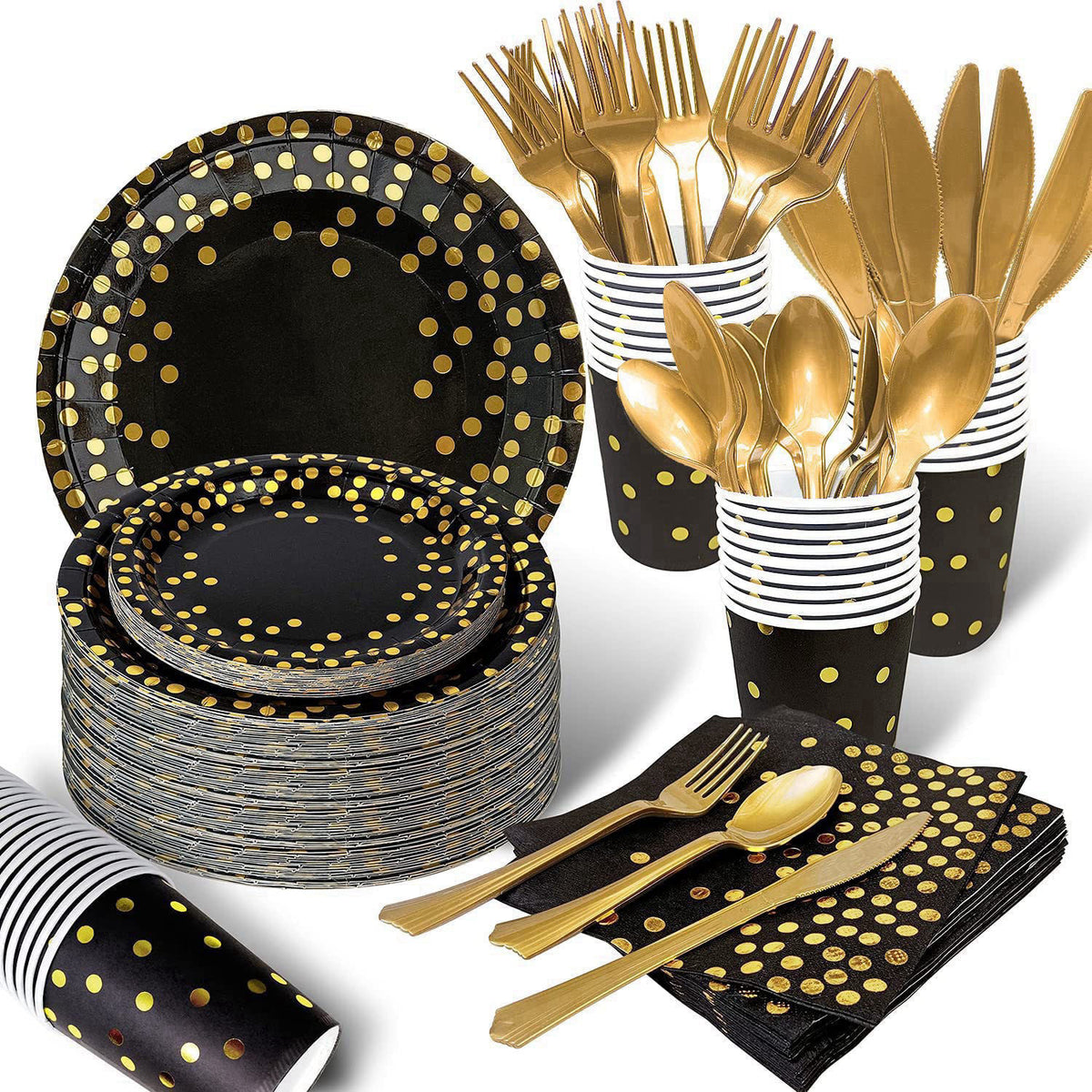 AIRE Black Gold Paper Plates Set, 175PCS Disposable Dinnerware Serves 25 – 175pcs Black and Gold, Plastic Plastic Plasti