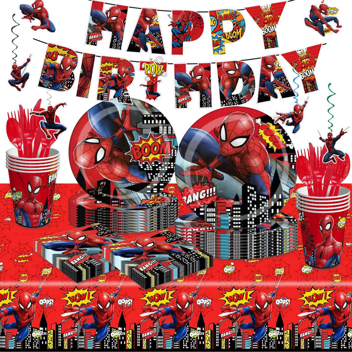 IKTMGFS 118 Pcs Spider Birthday Party Supplies Set, Spider Theme: 1Banner, 20Cups, 6Hanging Swirls, 30(Spoons+Forks+Kniv