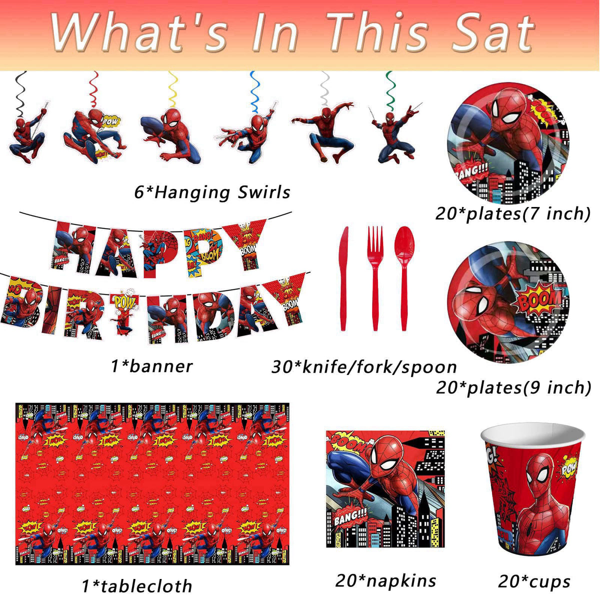IKTMGFS 118 Pcs Spider Birthday Party Supplies Set, Spider Theme: 1Banner, 20Cups, 6Hanging Swirls, 30(Spoons+Forks+Kniv