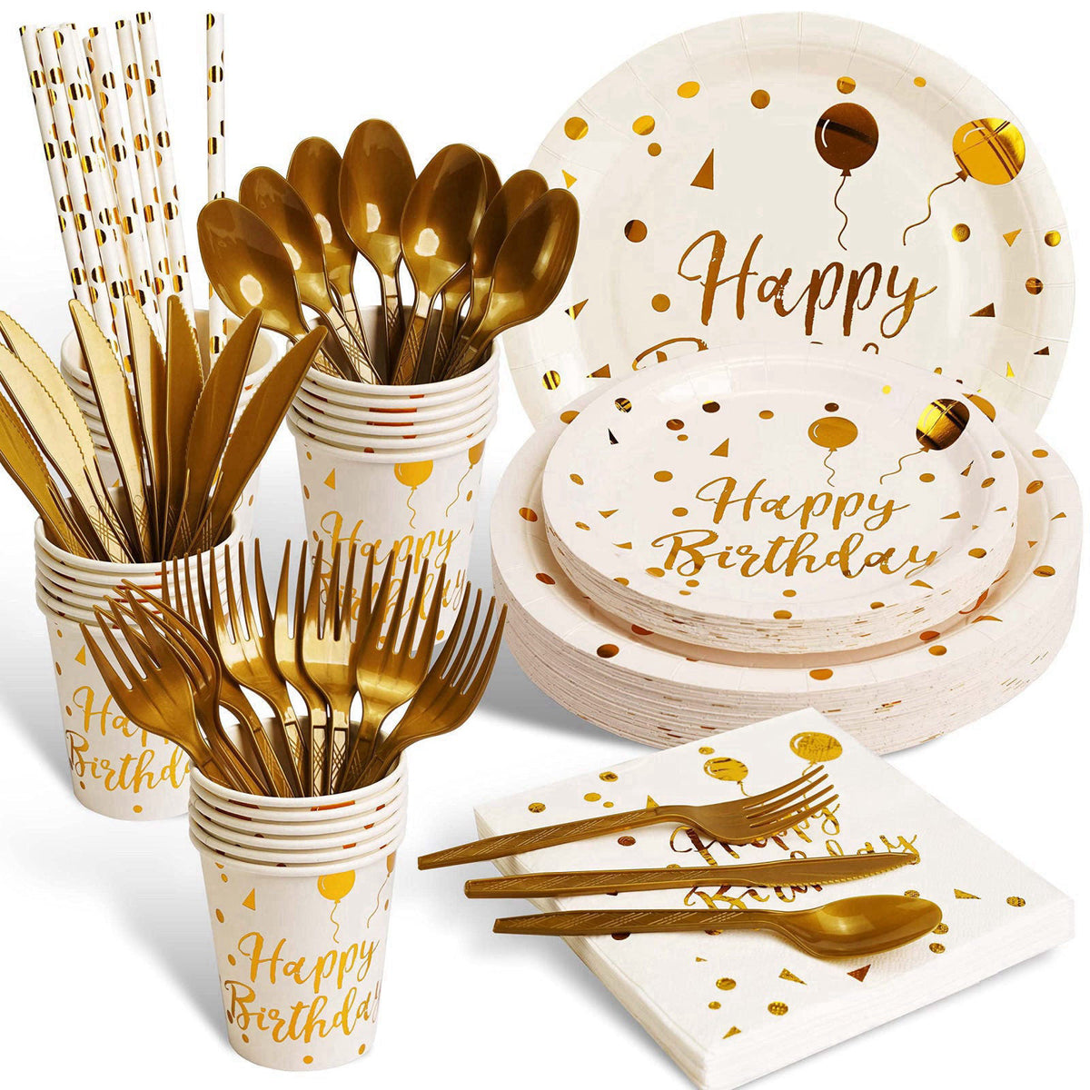 VYLURIXX 200 pieces of white and gold birthday party supplies, disposable happy birthday tableware set, gold plastic kni