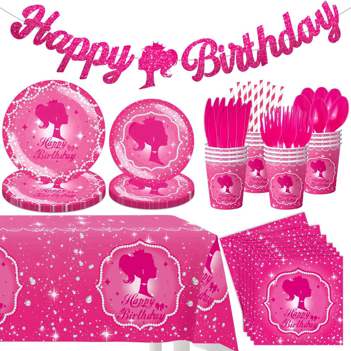 JOLJUMP 162-Piece Hot Pink Birthday Tableware Set for 20 Guests