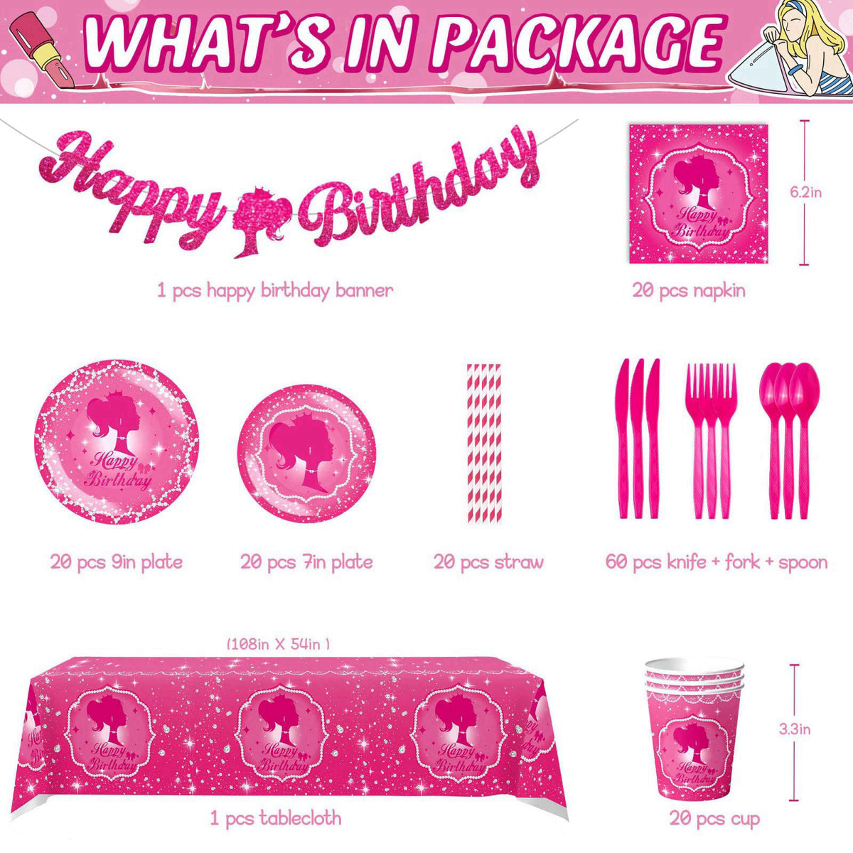 JOLJUMP 162-Piece Hot Pink Birthday Tableware Set for 20 Guests – close-up detail