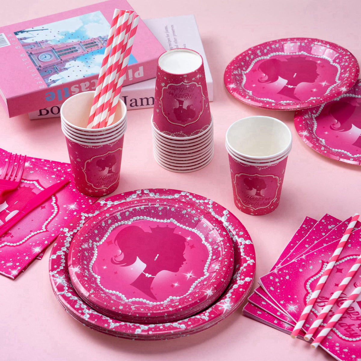 JOLJUMP 162-Piece Hot Pink Birthday Tableware Set for 20 Guests – packaging and label
