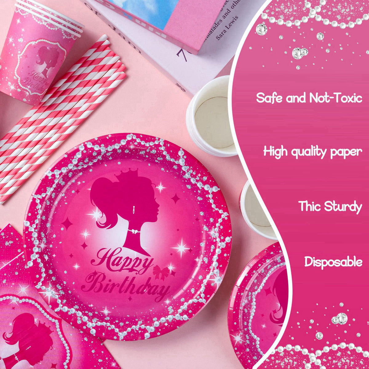 JOLJUMP 162-Piece Hot Pink Birthday Tableware Set for 20 Guests – full view
