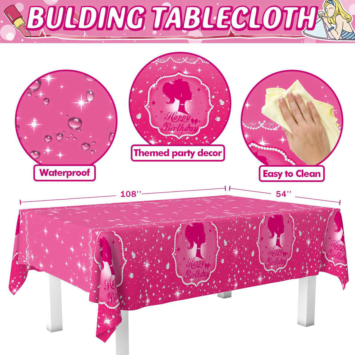 JOLJUMP 162-Piece Hot Pink Birthday Tableware Set for 20 Guests – back view and specifications