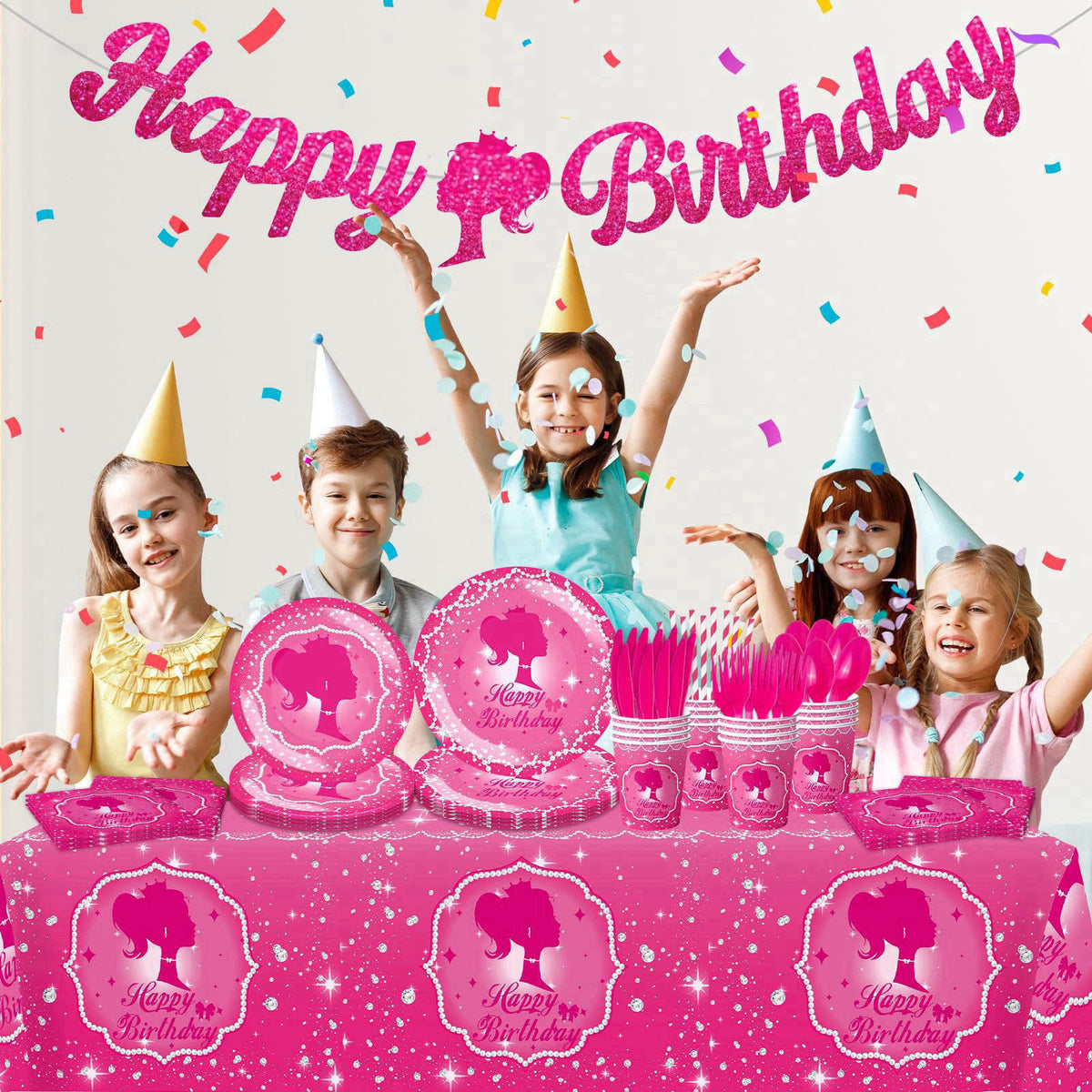JOLJUMP 162-Piece Hot Pink Birthday Tableware Set for 20 Guests – alternate angle