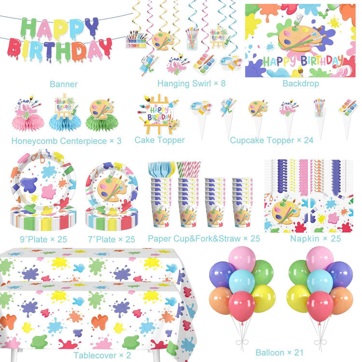 Xynic 211pcs Art Party Decorations Complete Tableware Set, for 25 guests – packaging and label