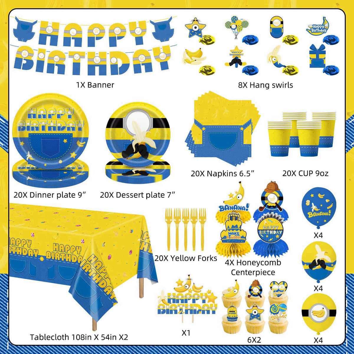 LANFUBEISI 140pcs Birthday Party Decorations Banana Theme Tableware Set for 20 Guests – packaging and label