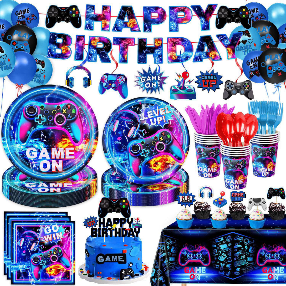 LINHAXM Video Game Birthday Decorations Includes Plates, Napkins, Cups, Cutlery, Cake & Cupcake Toppers, Banner, Hanging