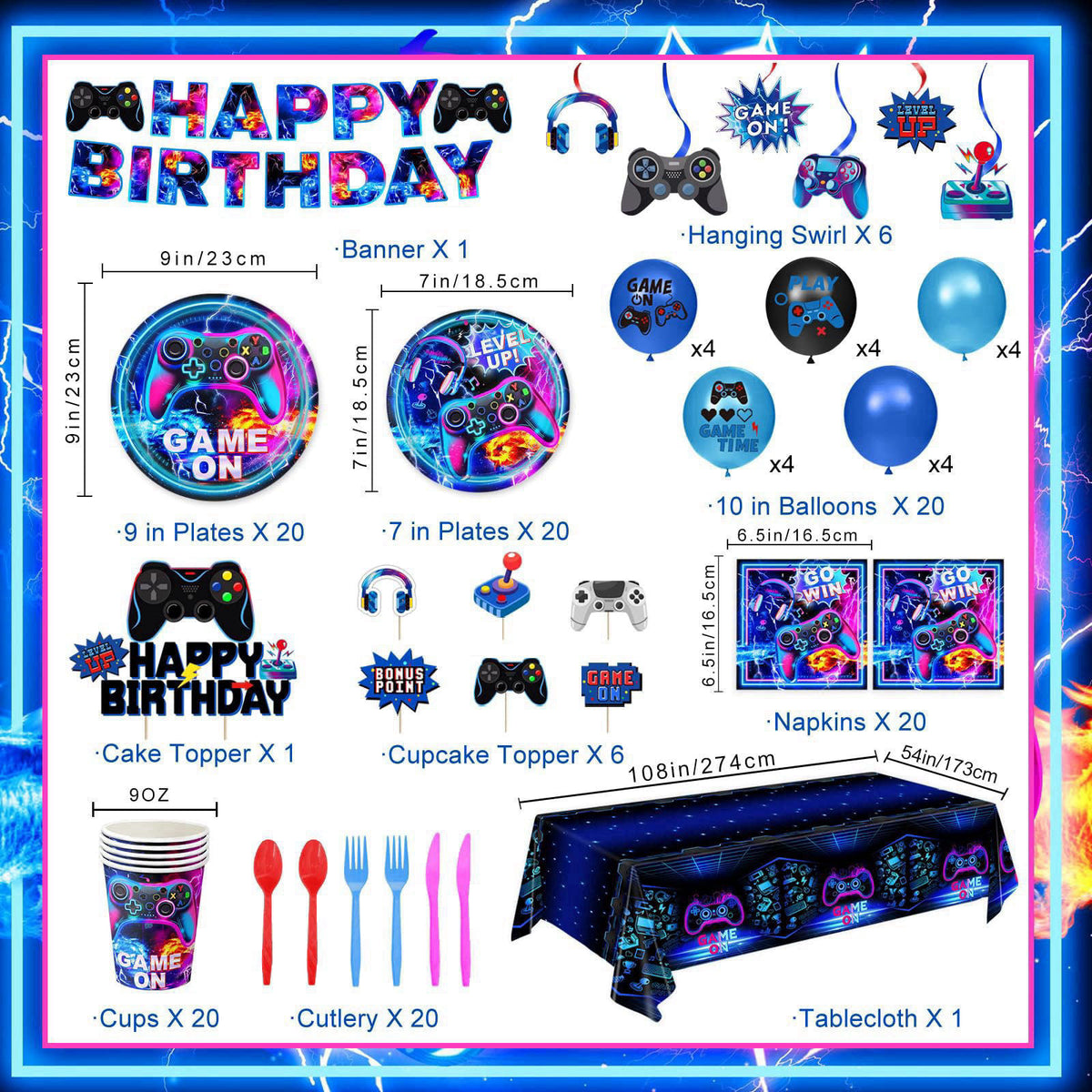 LINHAXM Video Game Birthday Decorations Includes Plates, Napkins, Cups, Cutlery, Cake & Cupcake Toppers, Banner, Hanging