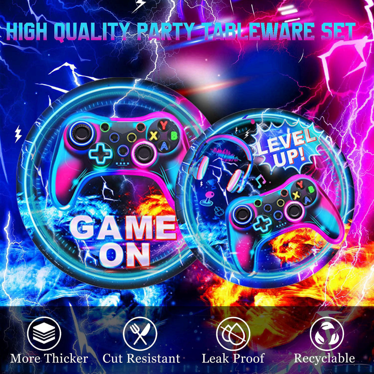 LINHAXM Video Game Birthday Decorations Includes Plates, Napkins, Cups, Cutlery, Cake & Cupcake Toppers, Banner, Hanging