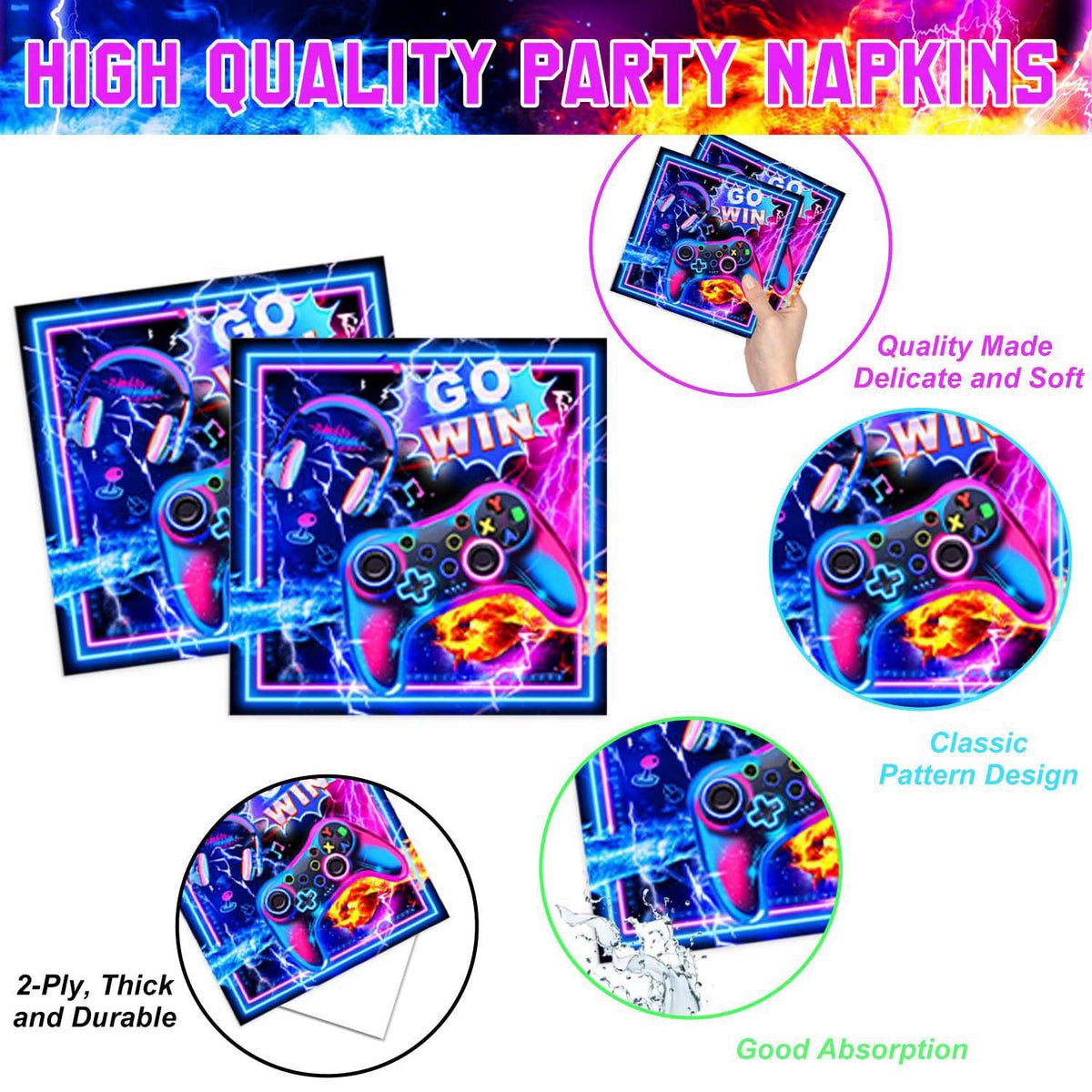 LINHAXM Video Game Birthday Decorations Includes Plates, Napkins, Cups, Cutlery, Cake & Cupcake Toppers, Banner, Hanging
