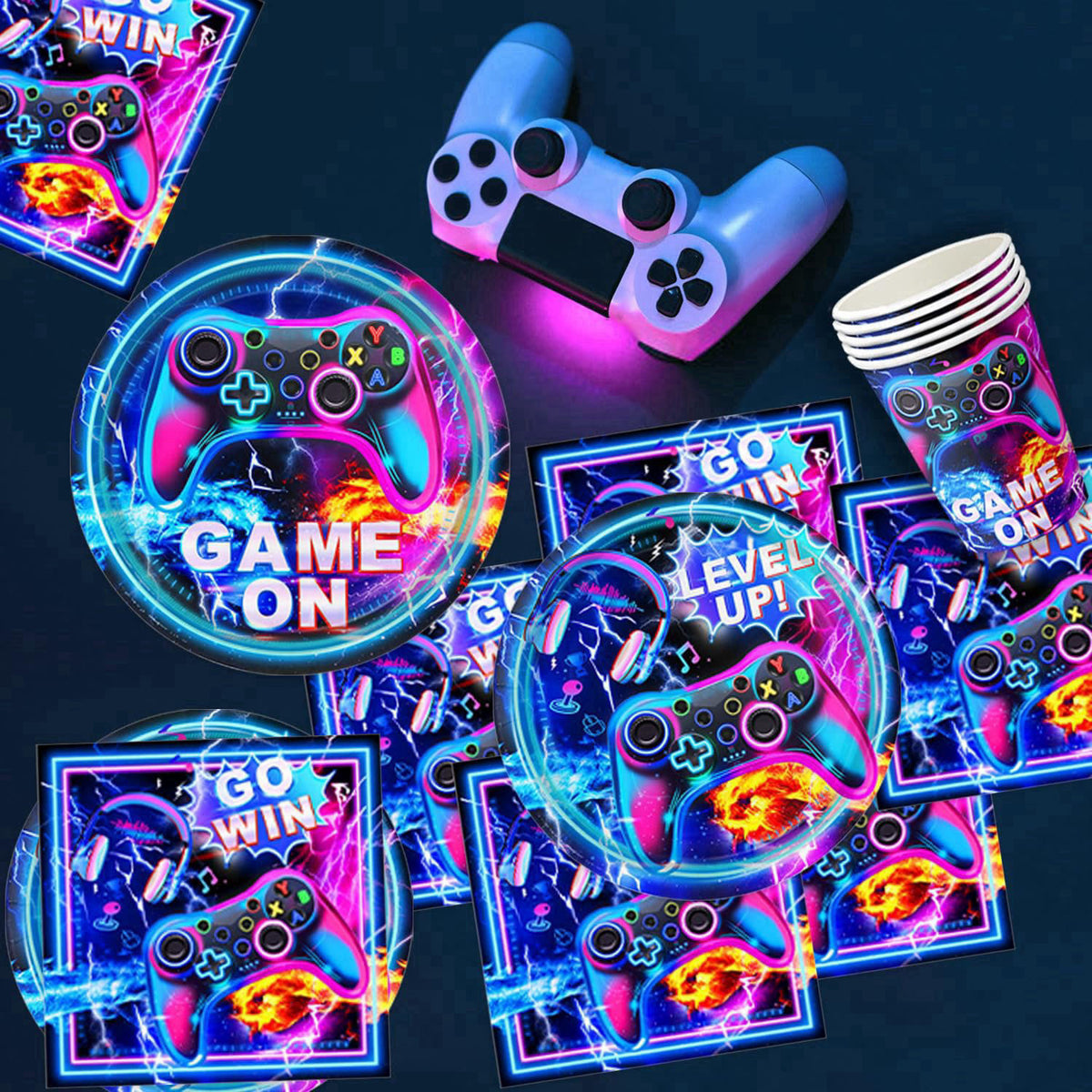 LINHAXM Video Game Birthday Decorations Includes Plates, Napkins, Cups, Cutlery, Cake & Cupcake Toppers, Banner, Hanging