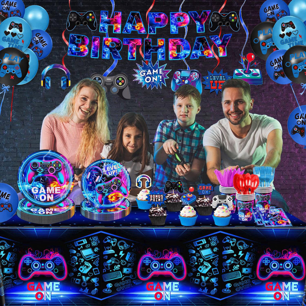 LINHAXM Video Game Birthday Decorations Includes Plates, Napkins, Cups, Cutlery, Cake & Cupcake Toppers, Banner, Hanging