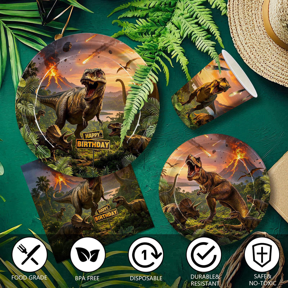 JVORFDG 208pcs Dinosaur Birthday Decorations Plates Napkins Party Supplies – full view