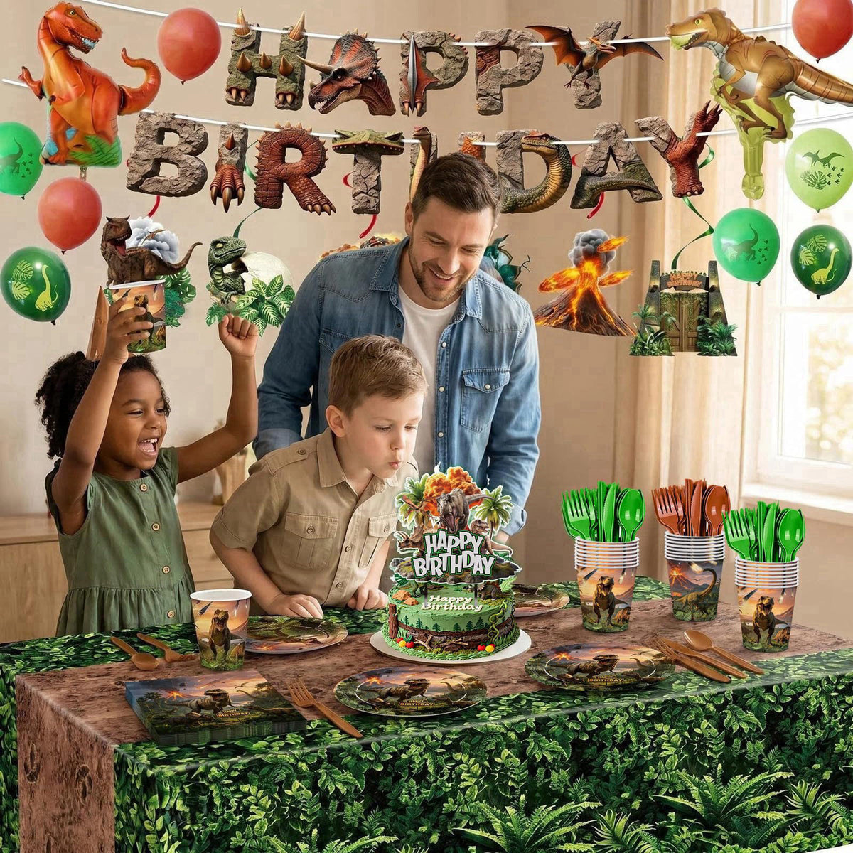 JVORFDG 208pcs Dinosaur Birthday Decorations Plates Napkins Party Supplies – back view and specifications