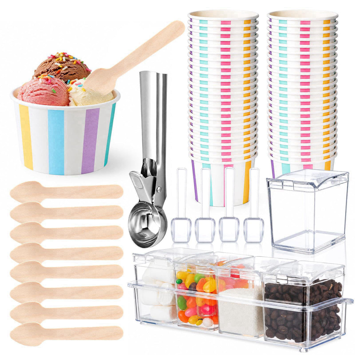 Yiyiring 105 Pcs Ice Cream Party Supplies Summer Ice Cream Bar Kit for 50 Guests with Toppings Seasoning Box, Cups & Spo