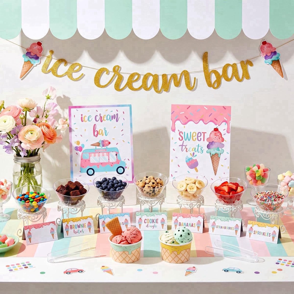 Hushee 115 Pcs Ice Cream Bar Supplies Kit, Ice Cream Party Supplies with Banner, 16 Topping Dishes, 24 Paper Bowls, Scoo